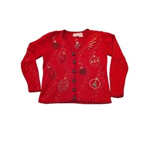 Vintage Basic Editions Holiday Cardigan M Red Beaded Ornament Christmas Sweater